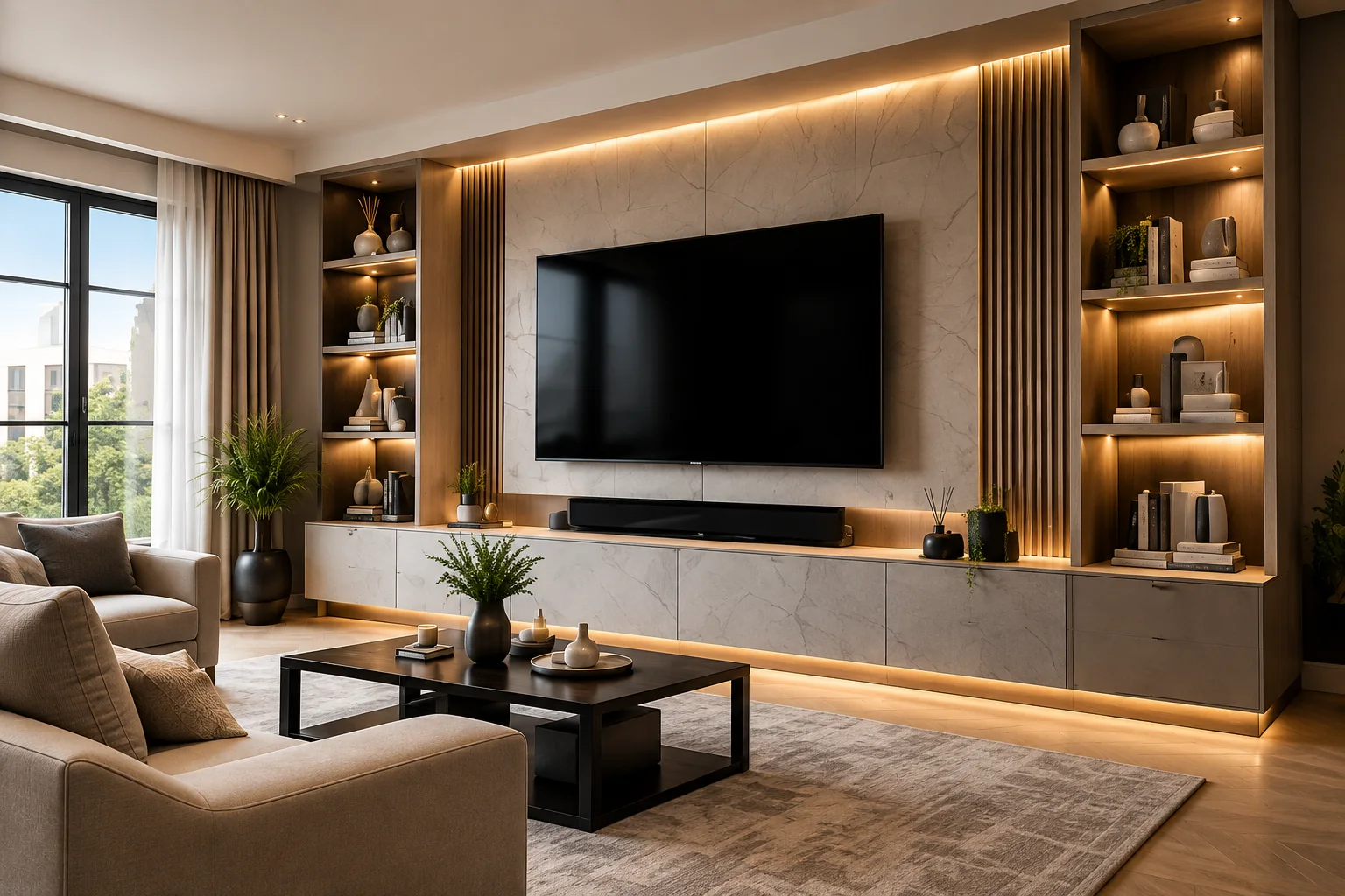 Bespoke media wall and living room